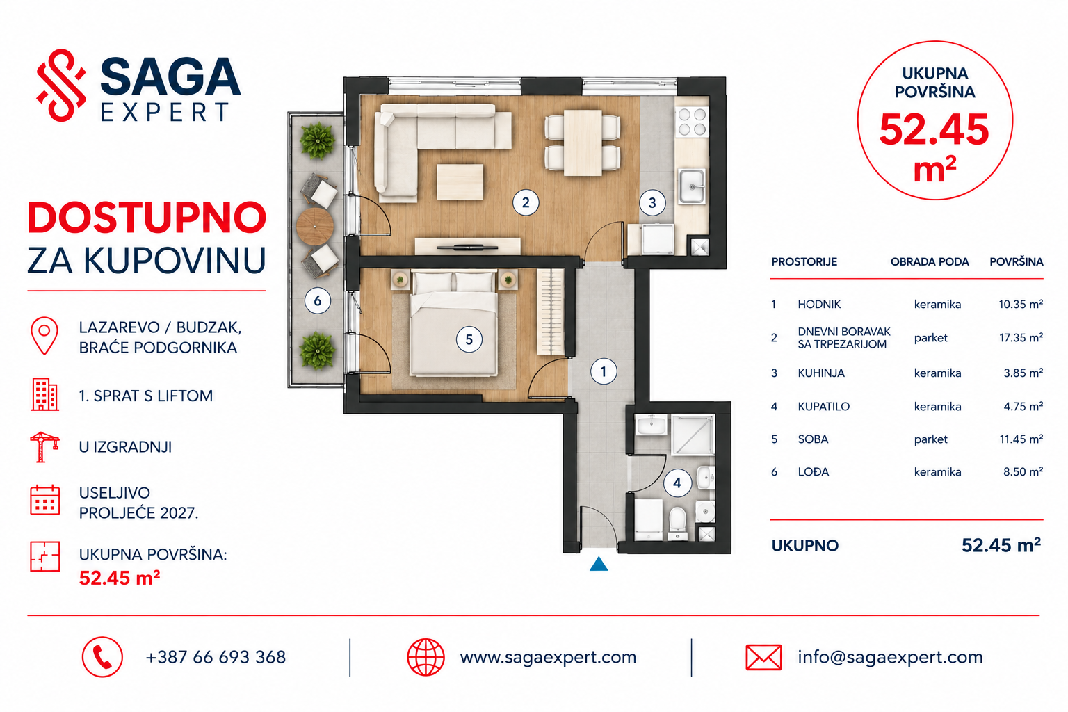 Dvosoban stan 52 m² u izgradnji Lazarevo 1, Banja Luka